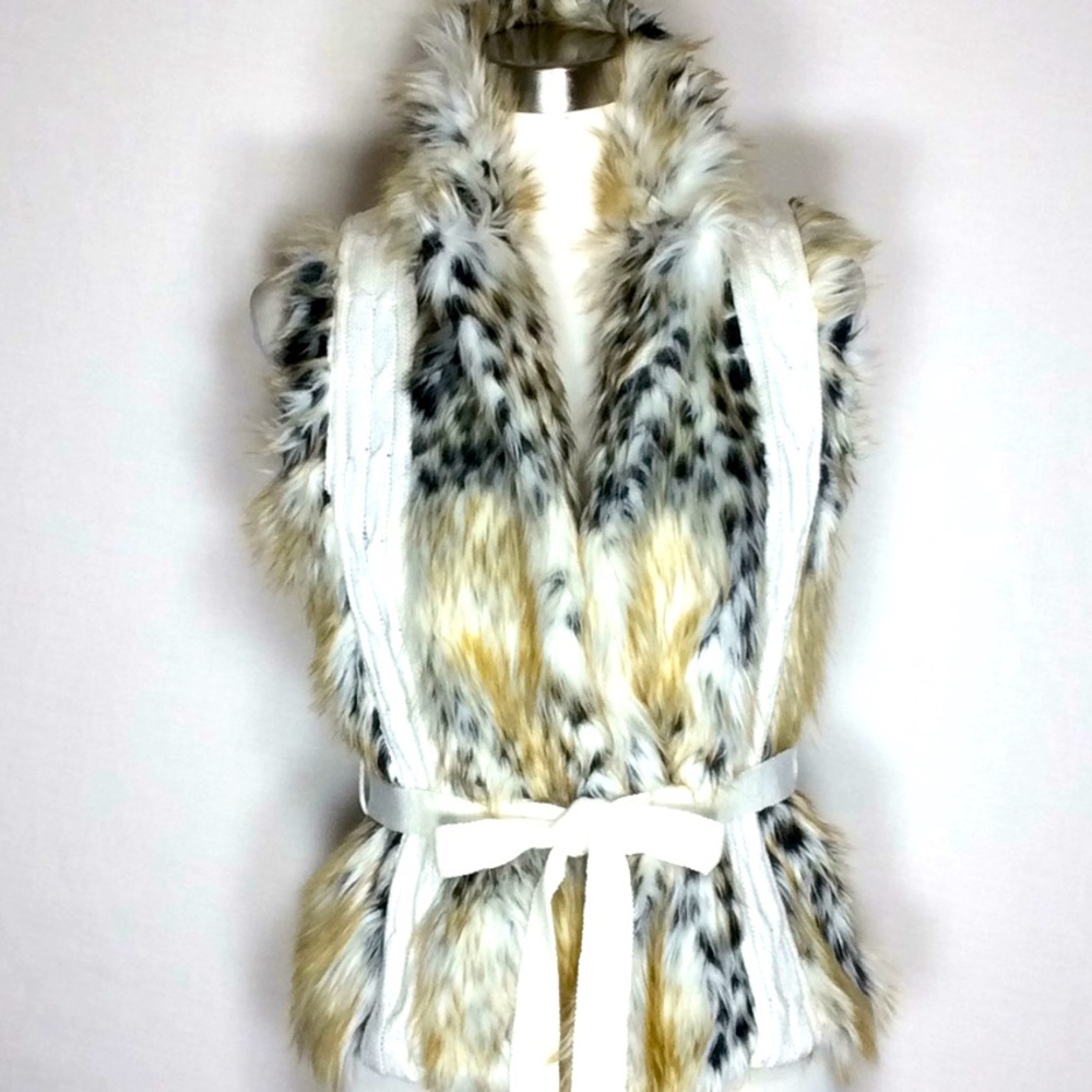 Faux Fur Sleeveless Belted Sweater Cardigan